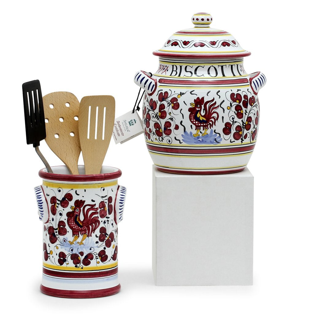 ORVIETO RED ROOSTER: Bundle with Utensil Holder + Biscotti Jar - Artistica.com