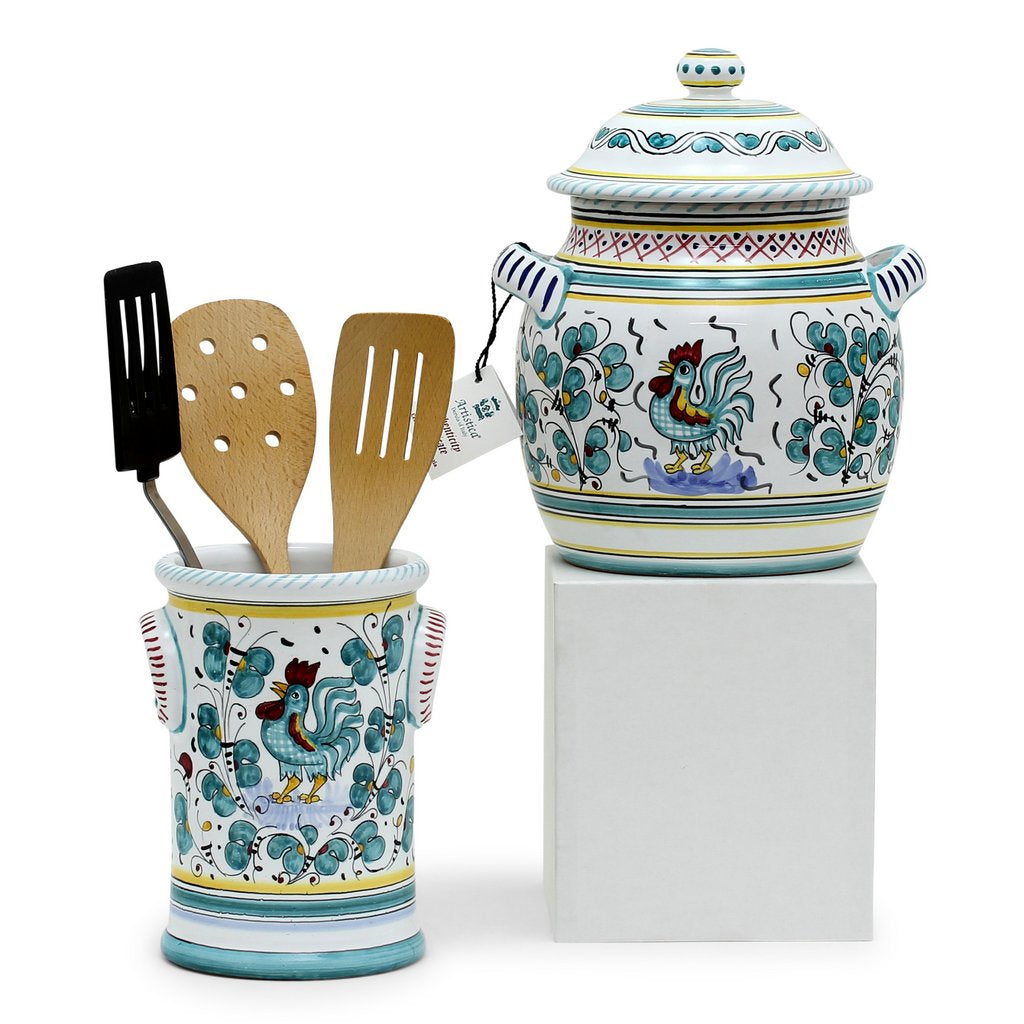 ORVIETO GREEN ROOSTER: Bundle with Utensil Holder + Biscotti Jar - Artistica.com