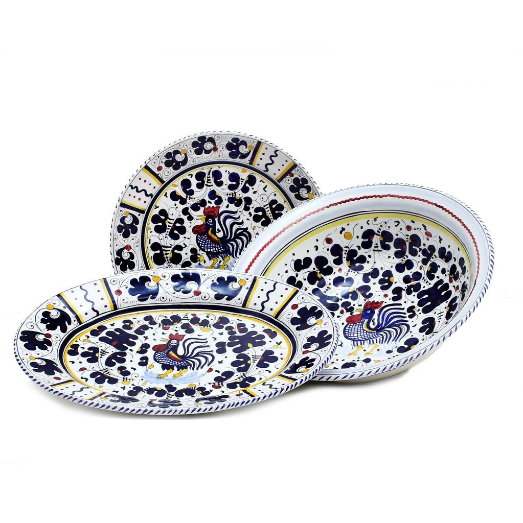 ORVIETO BLUE ROOSTER: Serving Set Charger + Salad Pasta Bowl + Oval Platter - Artistica.com