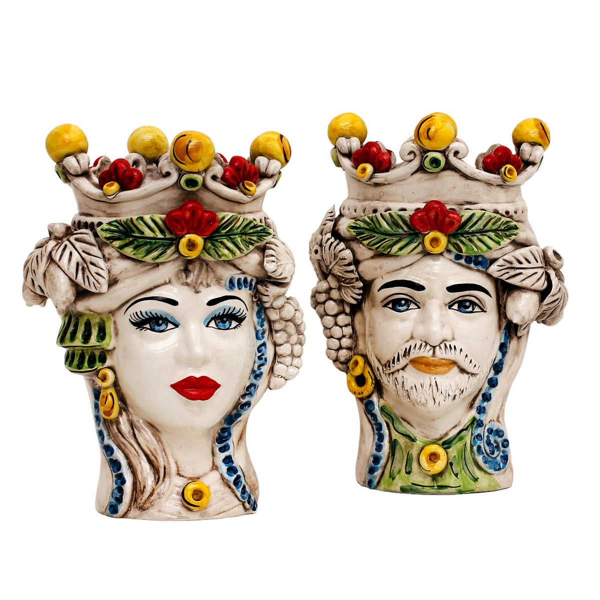 CALTAGIRONE: Sicilian Moorish Head Vase - SET OF TWO - Woman with Crown &amp; Fruit (Medium 11&quot; H.) - Artistica.com
