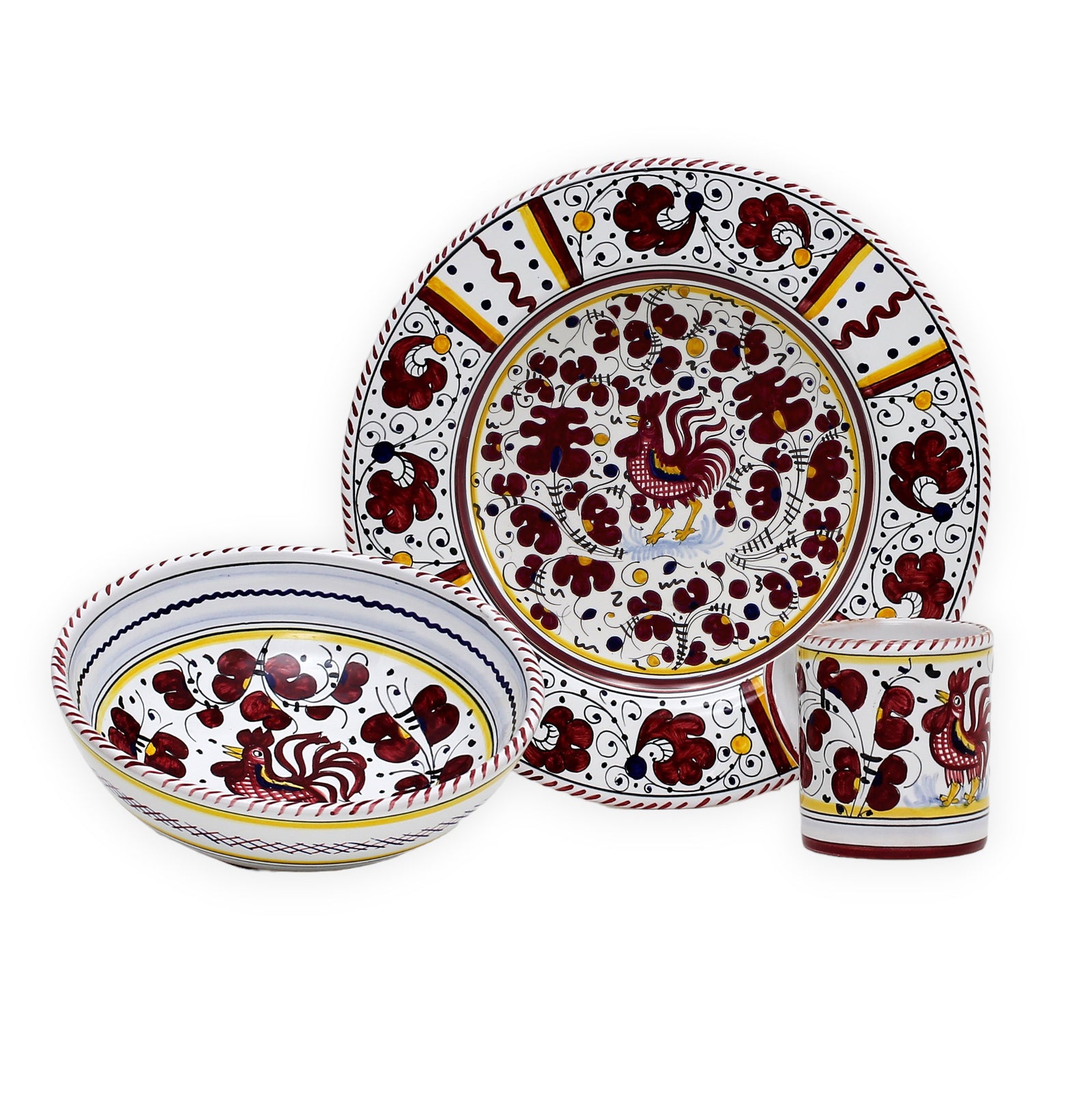 ORVIETO RED ROOSTER: Pre Pack Dinner Plate + Coupe Bowl + Mug - Artistica.com