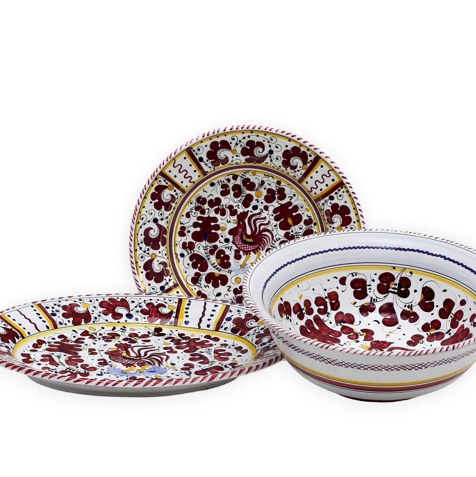 ORVIETO RED ROOSTER: Serving Set Charger + Salad Pasta Bowl + Oval Platter - Artistica.com
