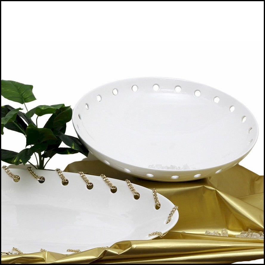 PURITY GLAMOUR: Large Oval Tray Centerpiece - Pure White with Gold Chain - Artistica.com