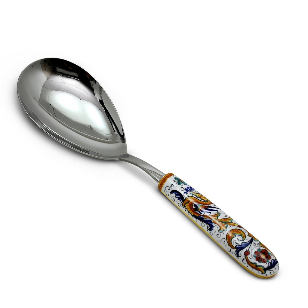 RAFFAELLESCO DELUXE: Ceramic Handle Spaghetti Tong and Risotto Spoon Ladle SET with 18/10 stainless steel cutlery. - Artistica.com