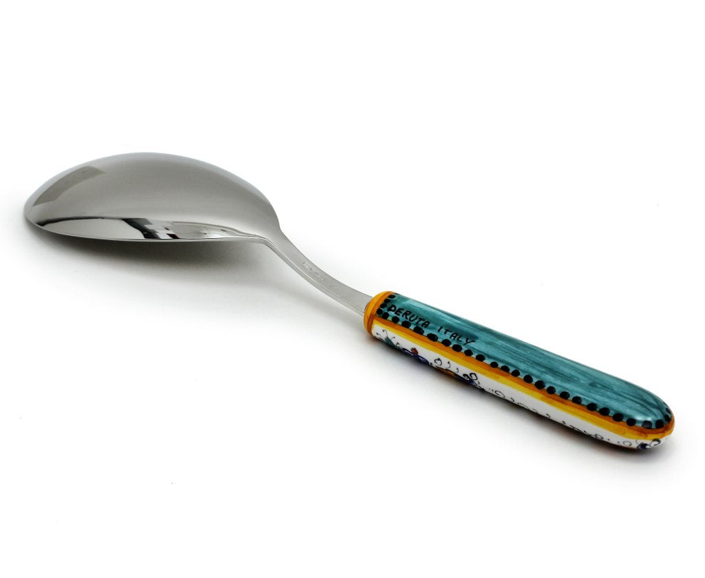 RAFFAELLESCO DELUXE: Ceramic Handle Spaghetti Tong and Risotto Spoon Ladle SET with 18/10 stainless steel cutlery. - Artistica.com