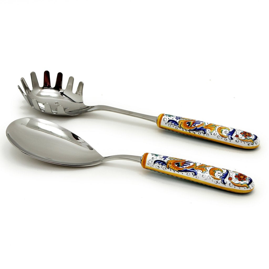RAFFAELLESCO DELUXE: Ceramic Handle Spaghetti Tong and Risotto Spoon Ladle SET with 18/10 stainless steel cutlery. - Artistica.com