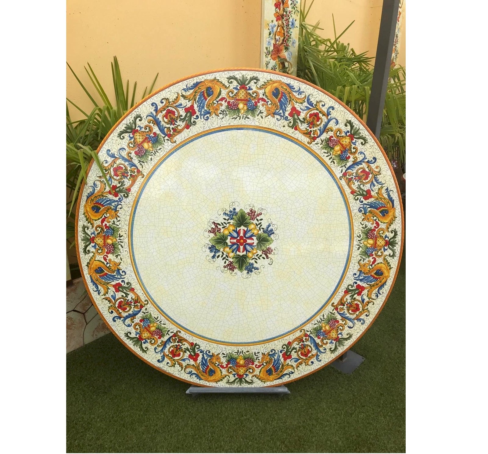 CERAMIC STONE TABLE + IRON BASE: RAFFAELLESCO DELUXE Design^ - Hand Painted in Deruta, Italy. - Artistica.com