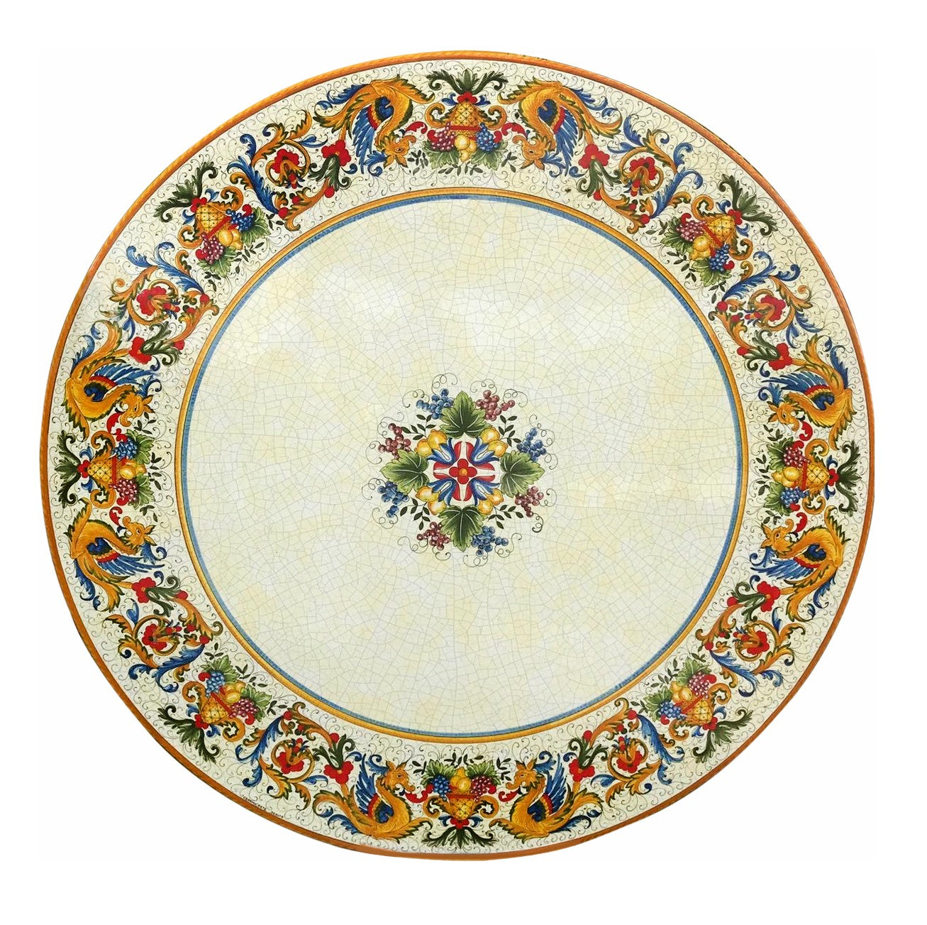 CERAMIC STONE TABLE + IRON BASE: RAFFAELLESCO DELUXE Design^ - Hand Painted in Deruta, Italy. - Artistica.com