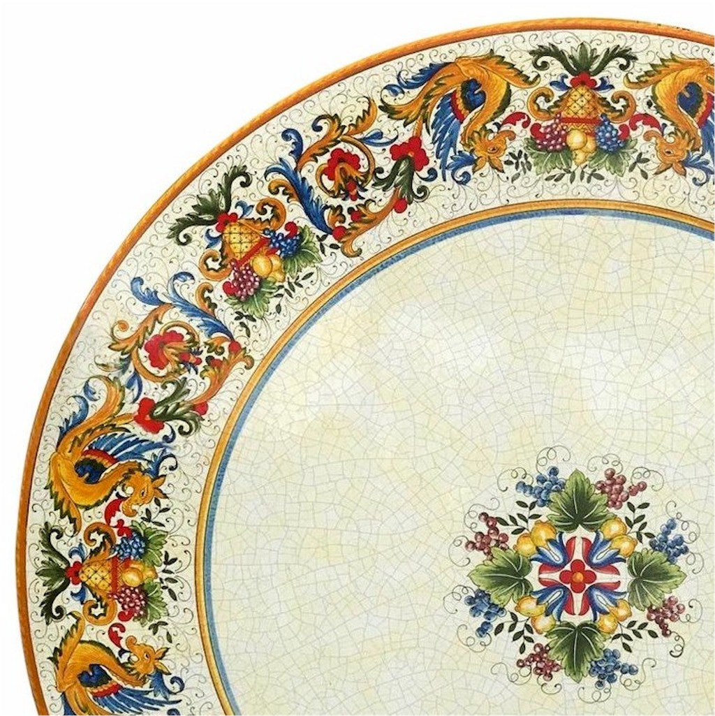 CERAMIC STONE TABLE + IRON BASE: RAFFAELLESCO DELUXE Design^ - Hand Painted in Deruta, Italy. - Artistica.com