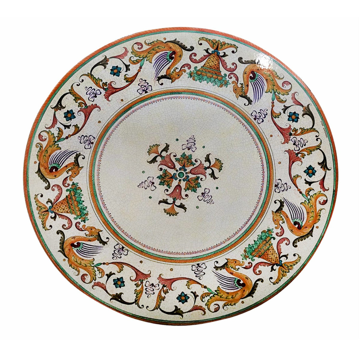 CERAMIC STONE TABLE + IRON BASE: RAFFAELLESCO Design^ - Hand Painted in Deruta, Italy. - Artistica.com