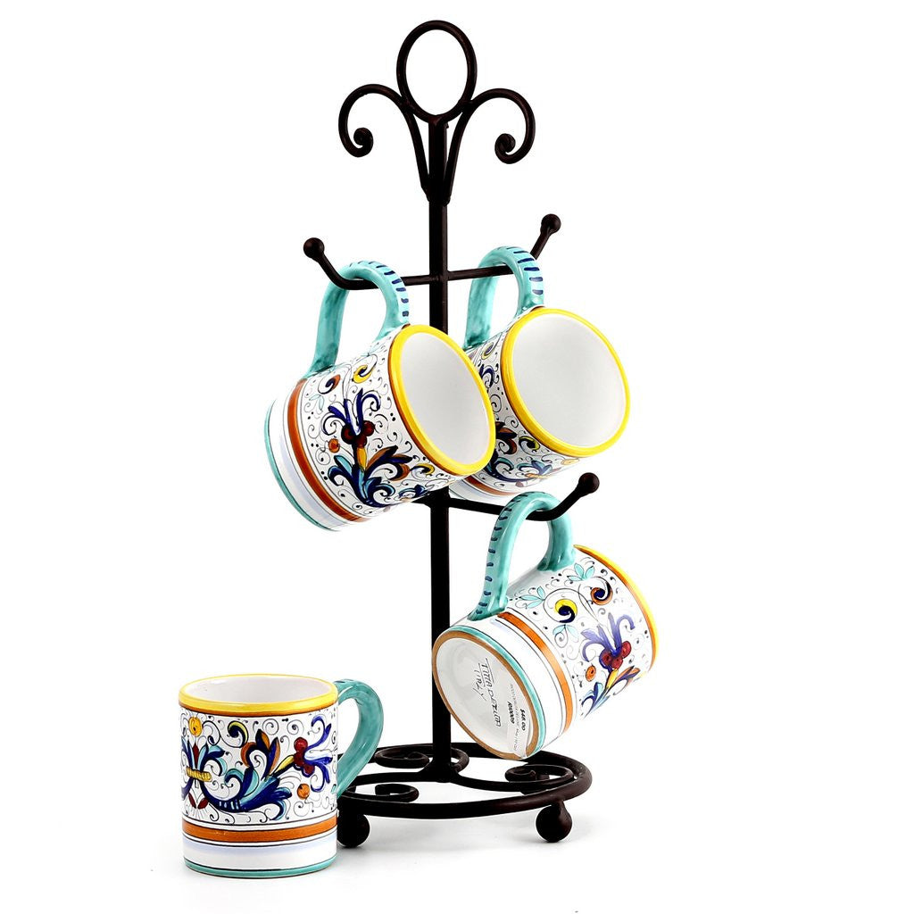 DERUTA MUGS SET: 4 Mugs as shown and wrought iron four arms mug stand tree  black