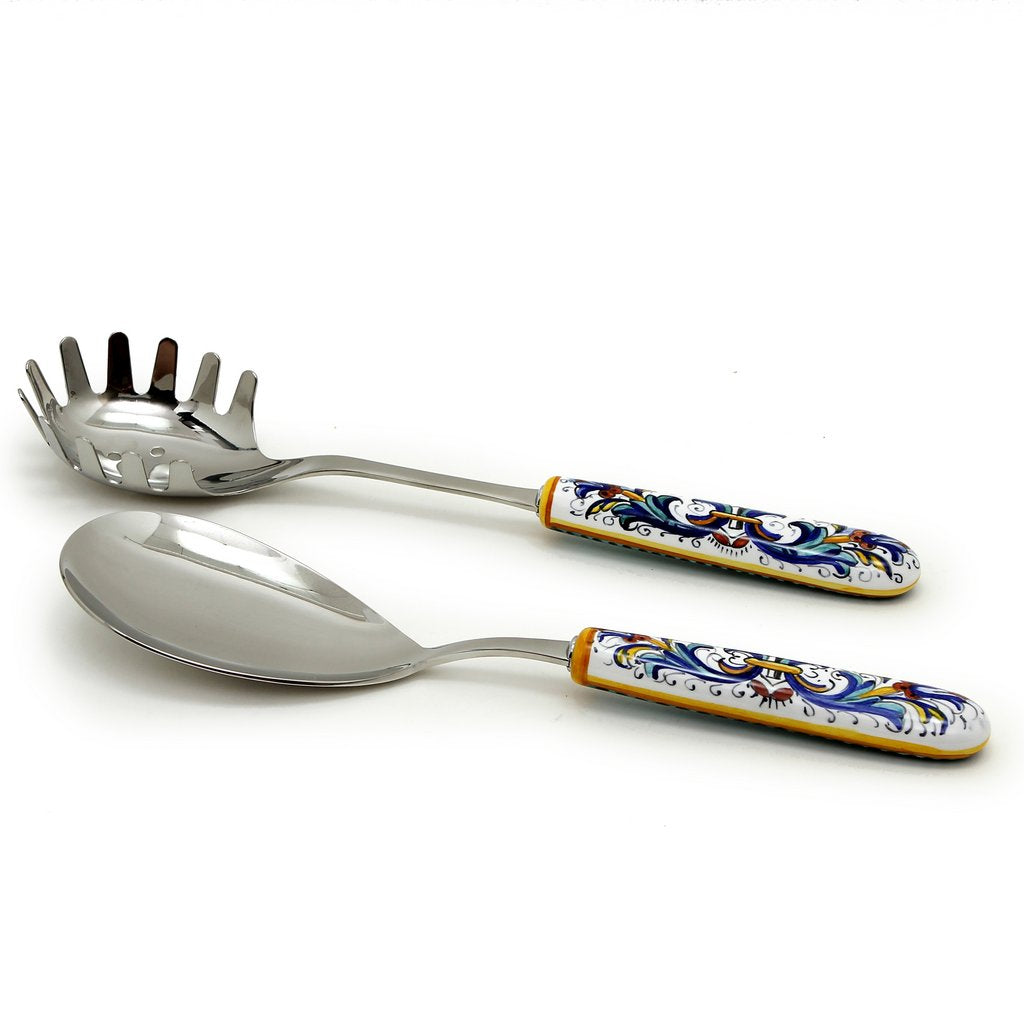 RICCO DERUTA DELUXE: Ceramic Handle Spaghetti Tong and Risotto Spoon Ladle SET with 18/10 stainless steel cutlery. - Artistica.com