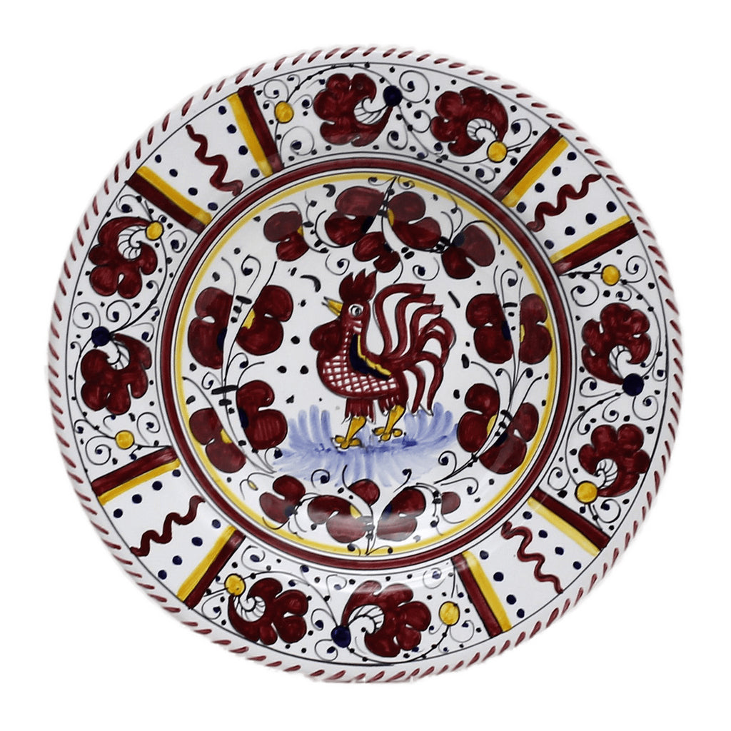 ORVIETO RED ROOSTER: Rim Pasta Soup Bowl [STRIPED RIM] - Artistica.com