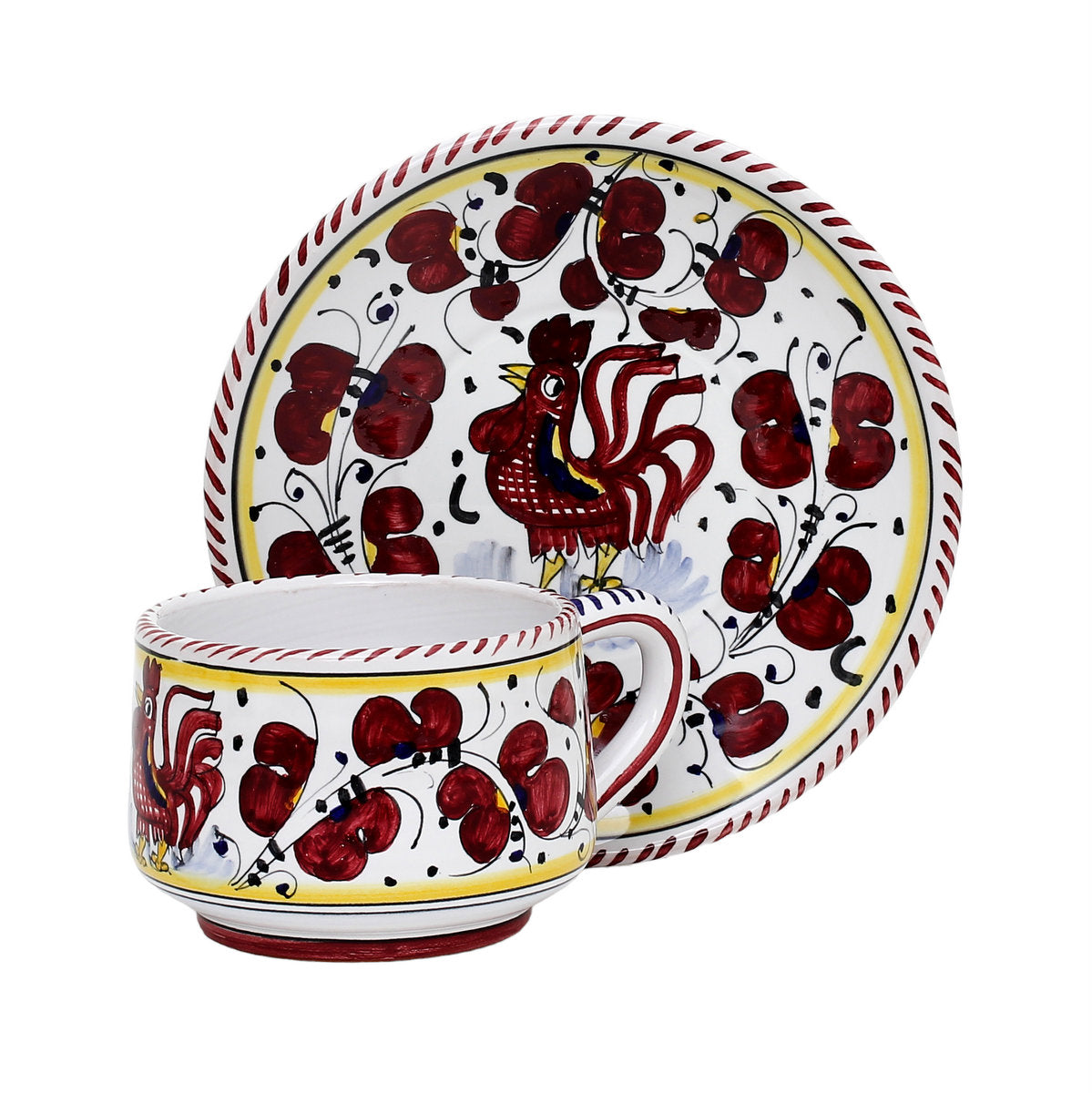 ORVIETO RED ROOSTER: Cup and Saucer [STRIPED RIM] - Artistica.com