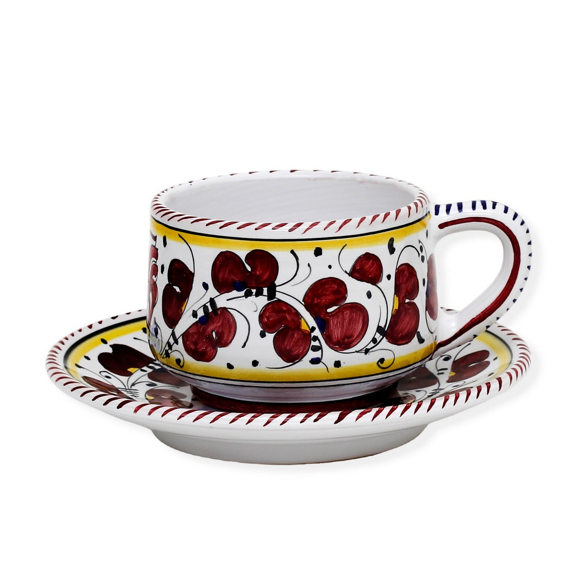ORVIETO RED ROOSTER: Cup and Saucer [STRIPED RIM] - Artistica.com