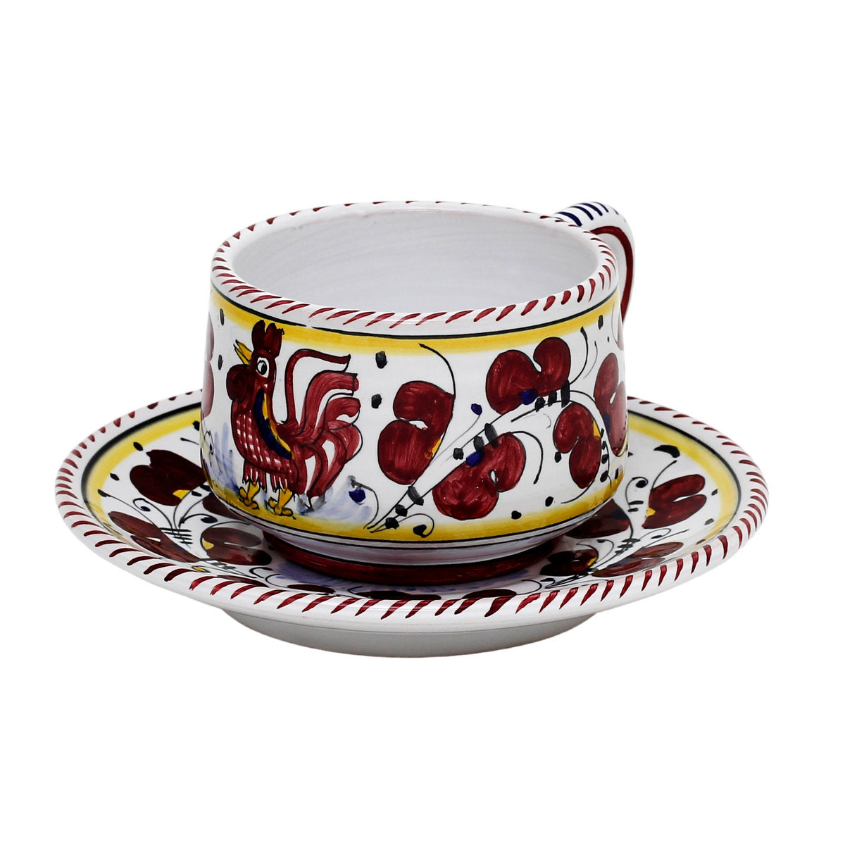 ORVIETO RED ROOSTER: Cup and Saucer [STRIPED RIM] - Artistica.com