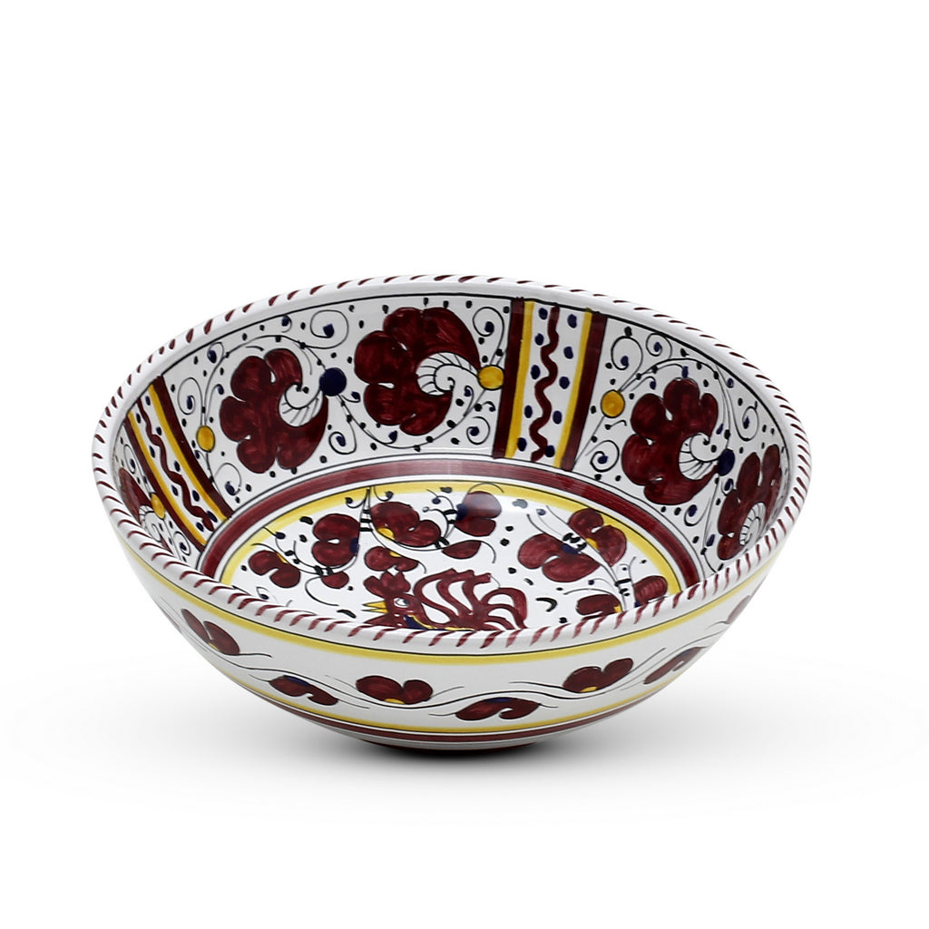 ORVIETO RED ROOSTER: Salad Bowl (Medium) [STRIPED RIM] - Artistica.com