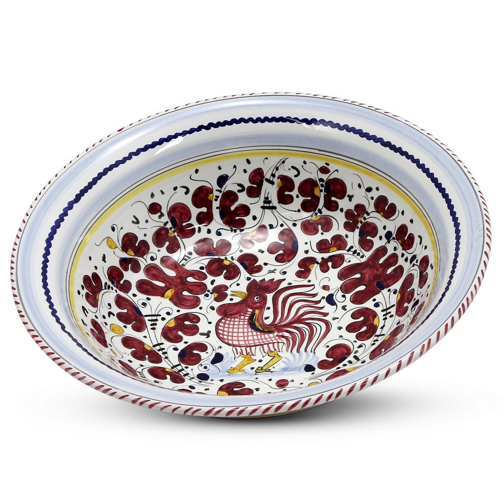 GIFT BUNDLES: Deruta Large Bowl with 5 Organic Pasta + Pesto Sauce - ORVIETO RED ROOSTER design