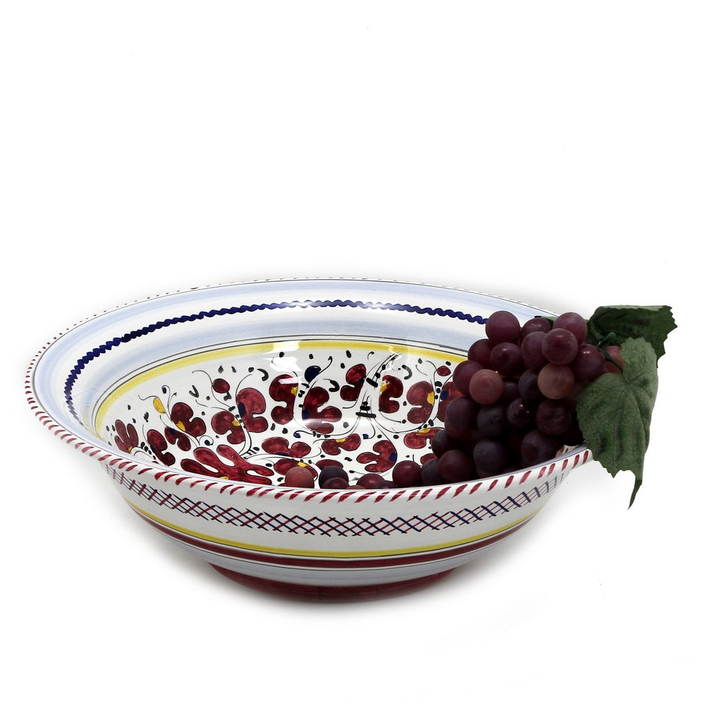 ORVIETO RED ROOSTER: Large Pasta/Salad Serving Bowl [STRIPED RIM] - Artistica.com