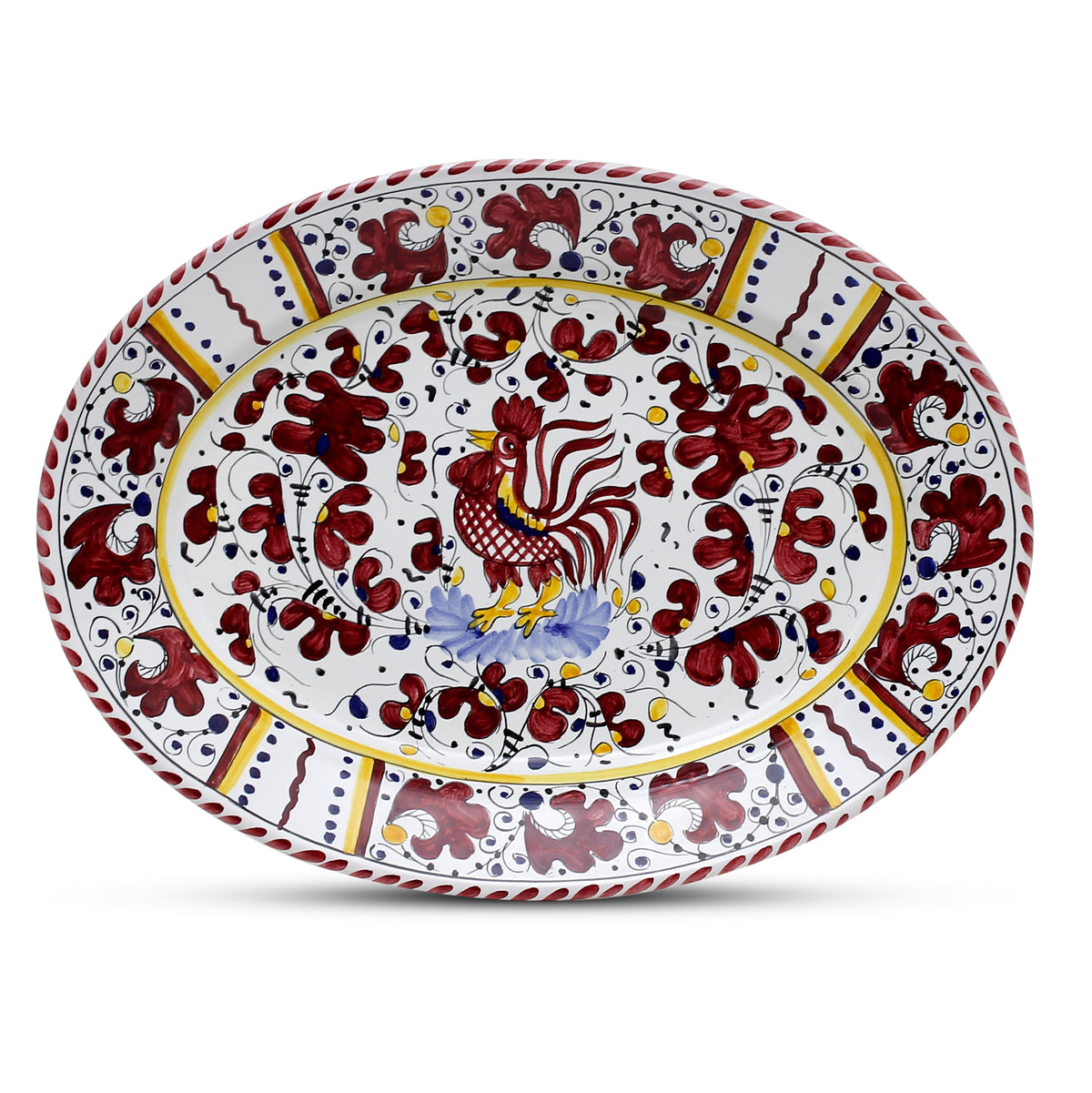ORVIETO RED ROOSTER: Serving Set Charger + Salad Pasta Bowl + Oval Platter - Artistica.com