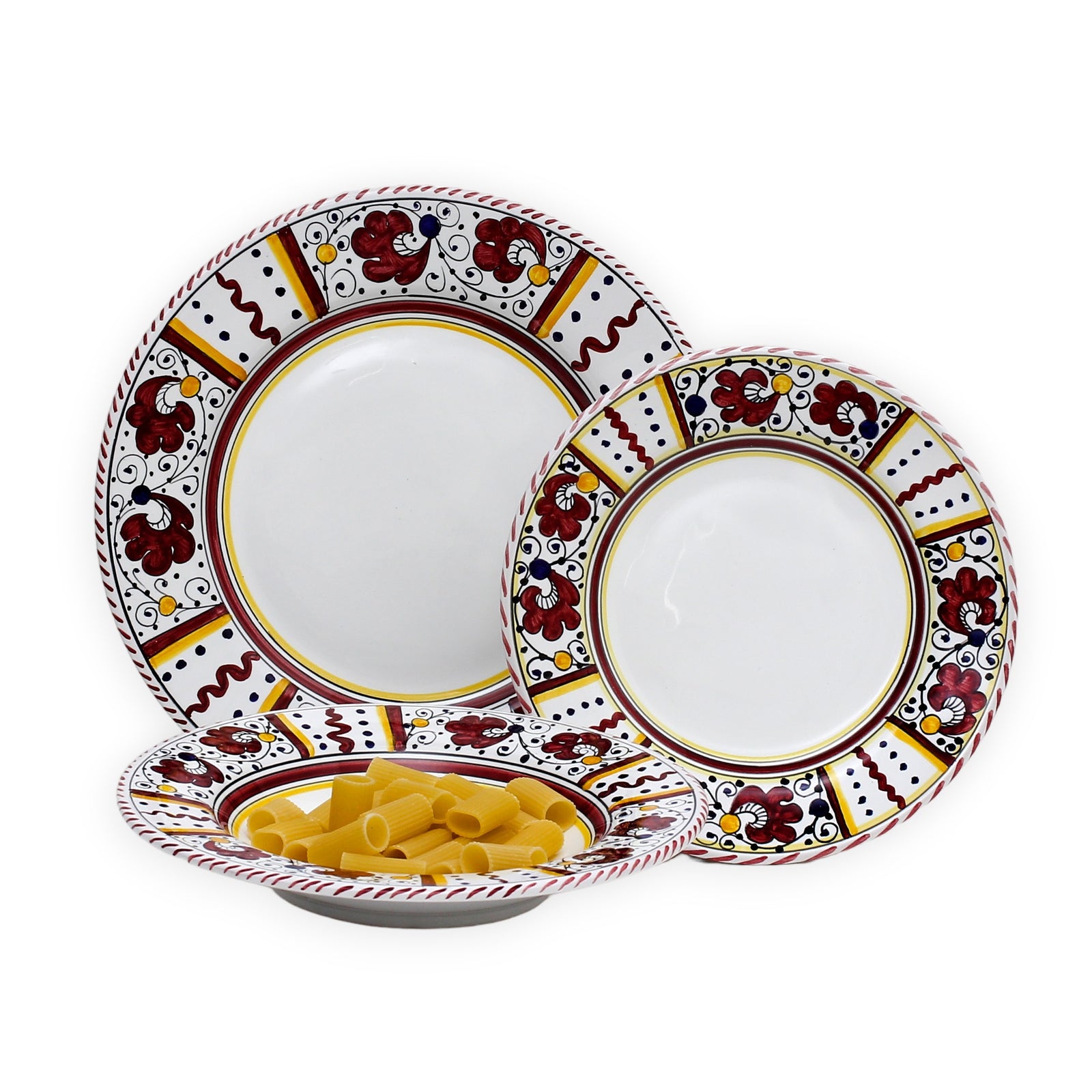ORVIETO RED ROOSTER: 3 Pieces Dinnerware Place Setting - White Center - Artistica.com