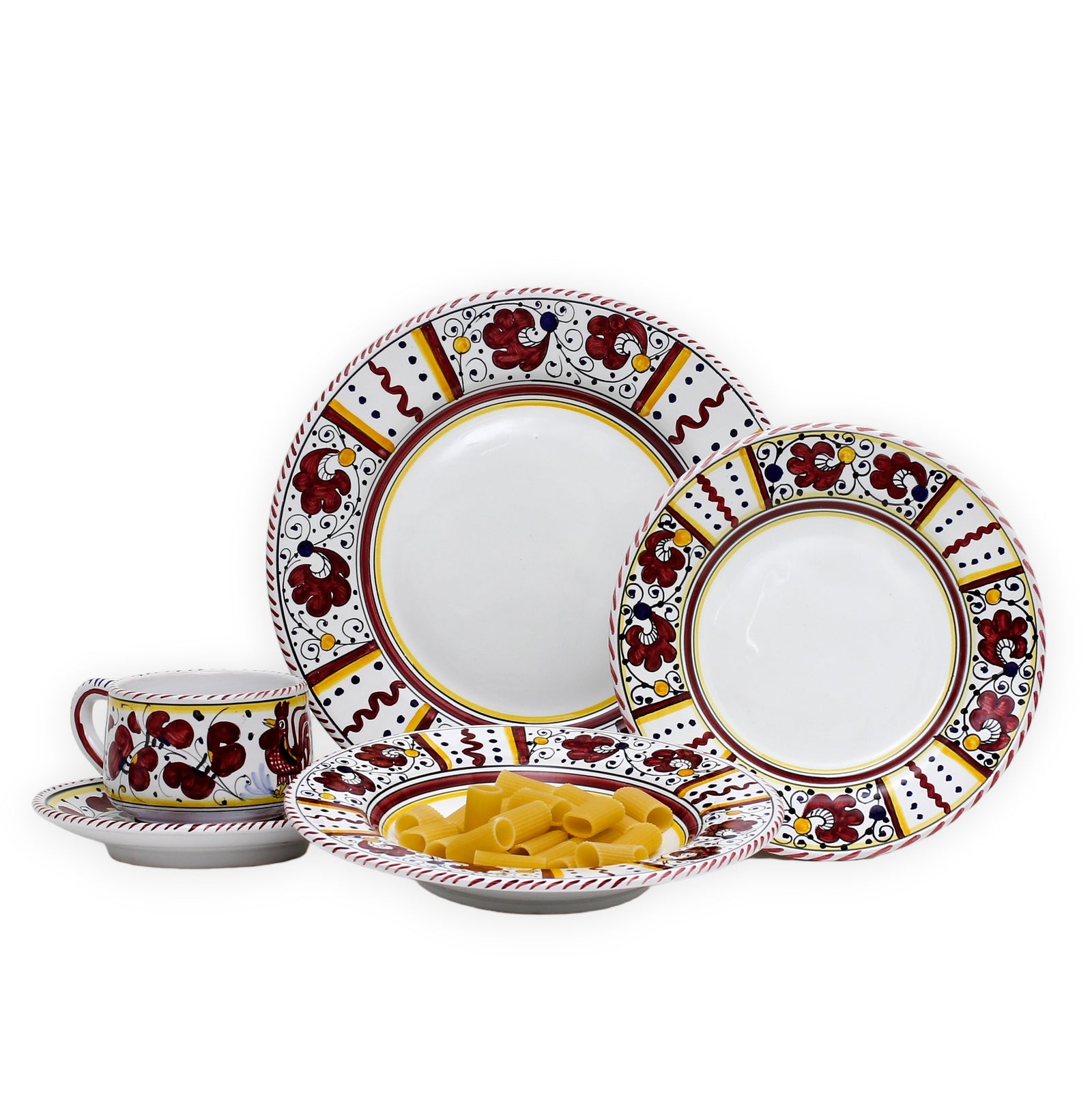 ORVIETO RED ROOSTER: 5 Pieces Dinnerware Place Setting - White Center - Artistica.com