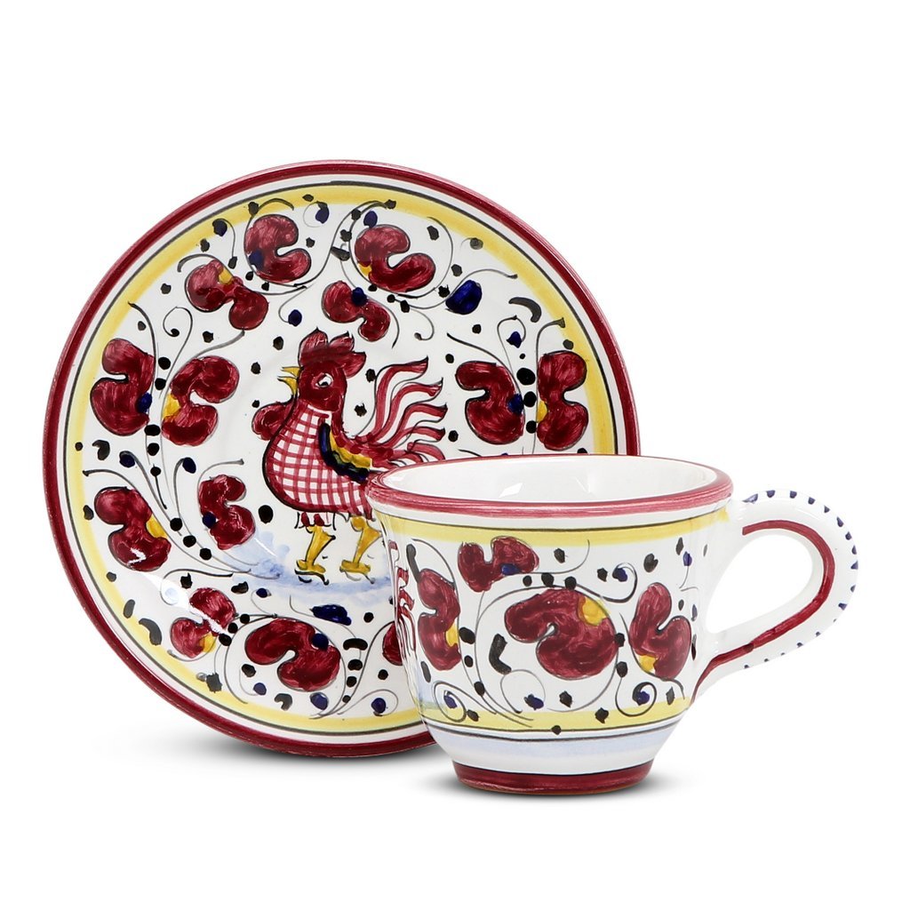 ORVIETO RED ROOSTER: Espresso cup and Saucer [SOLID RIM] [R]