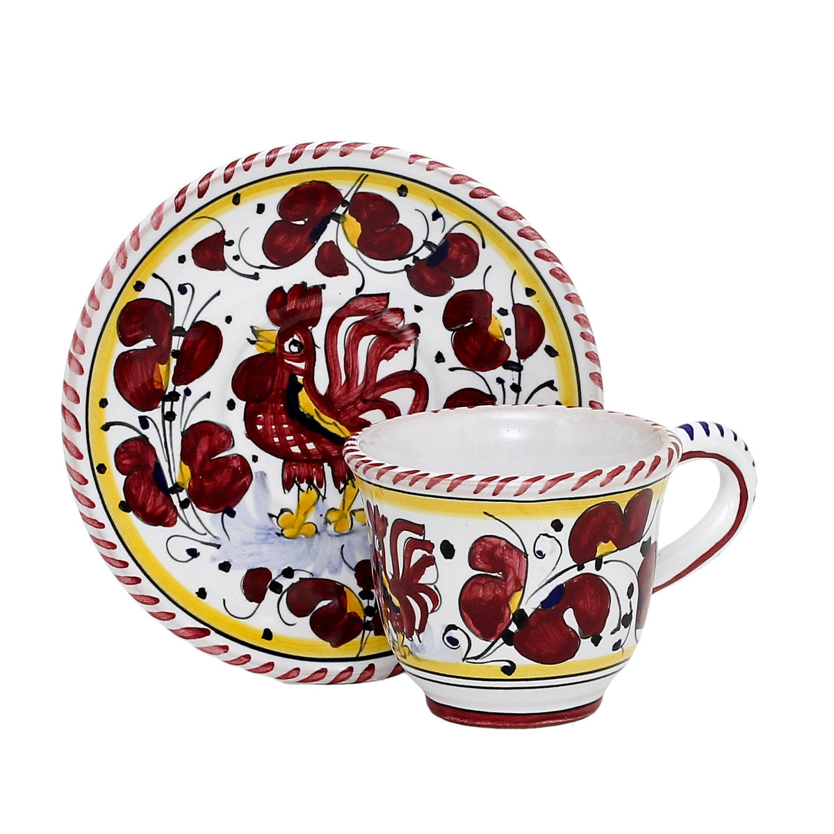 ORVIETO RED ROOSTER: Espresso cup and Saucer [STRIPED RIM] - Artistica.com