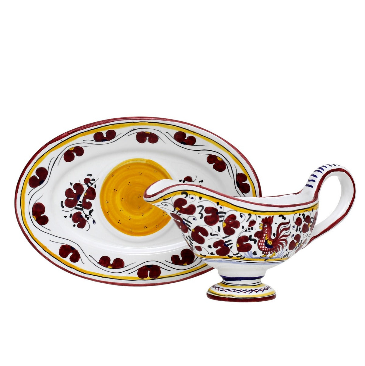 ORVIETO RED ROOSTER: Gravy Sauce Boat with Tray [R] - Artistica.com