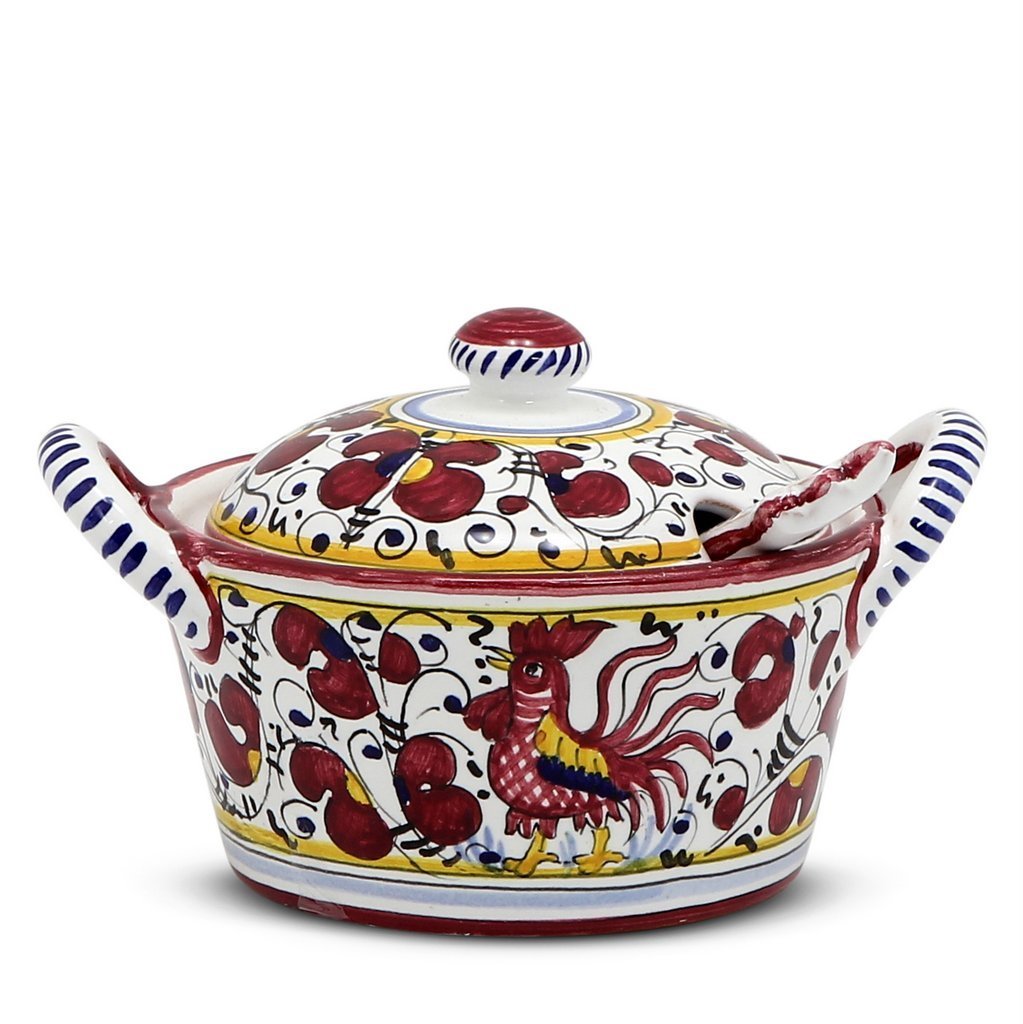 ORVIETO RED ROOSTER: Covered Parmesan Cheese Bowl with Spoon [SOLID RIM] [R] - Artistica.com