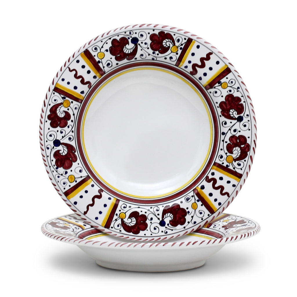 ORVIETO RED ROOSTER: Rim Pasta Soup Bowl (White Center) [STRIPED RIM] - Artistica.com