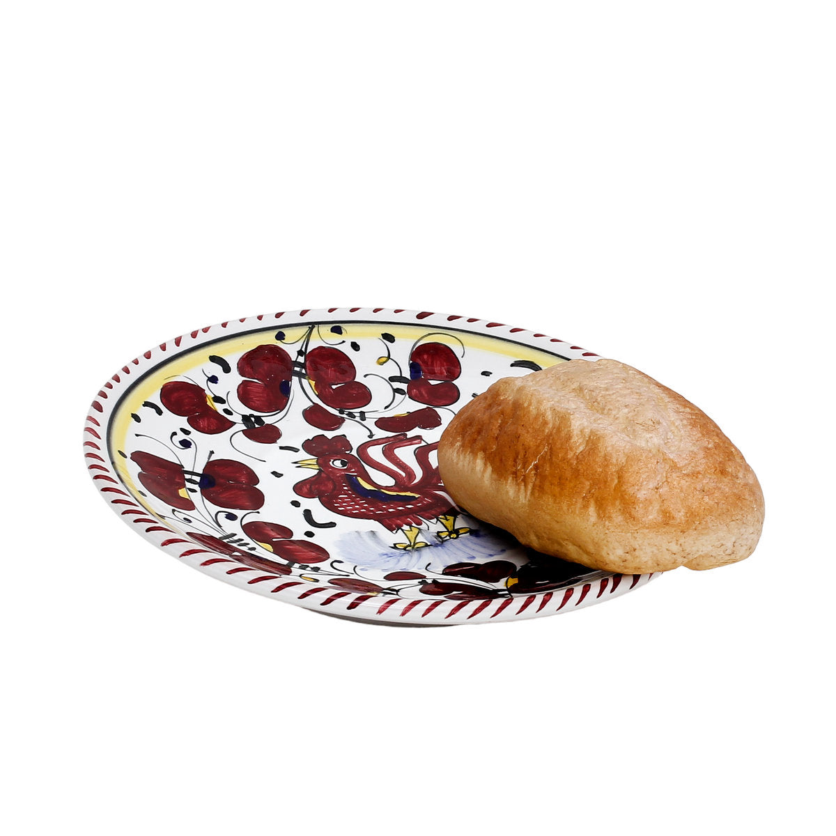 ORVIETO RED ROOSTER: Canape Plate - 7" Diam. Saucer [STRIPED RIM] - Artistica.com