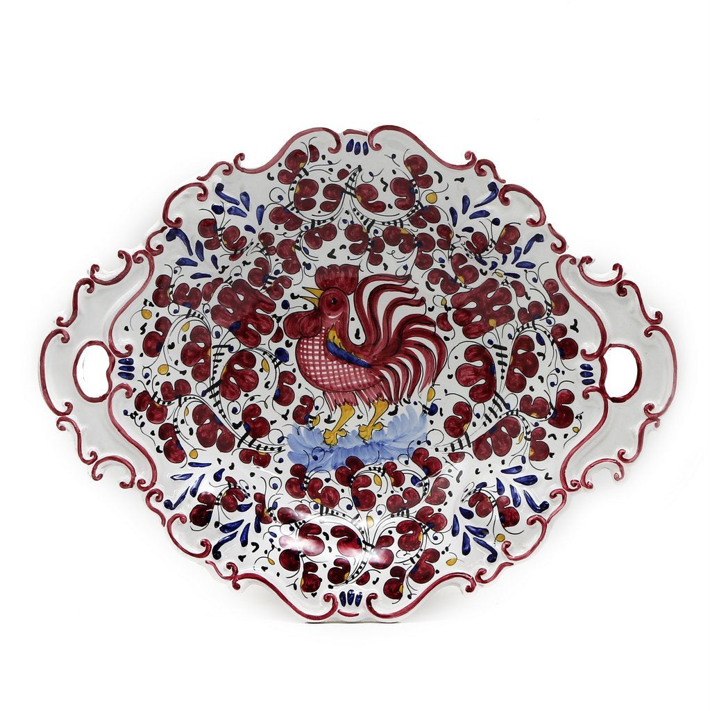 ORVIETO RED ROOSTER: Oval Tray with Handles [R] - Artistica.com