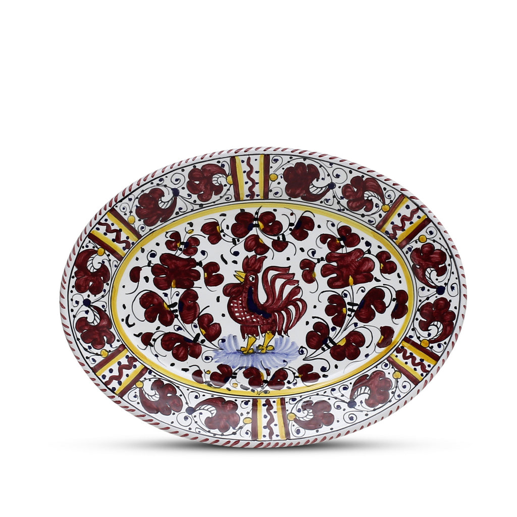 ORVIETO RED ROOSTER: Oval Plate [STRIPED RIM] - Artistica.com