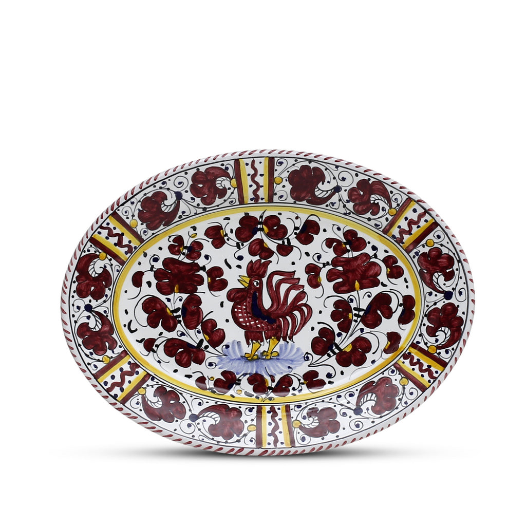 ORVIETO RED ROOSTER: Oval Plate [STRIPED RIM] - Artistica.com