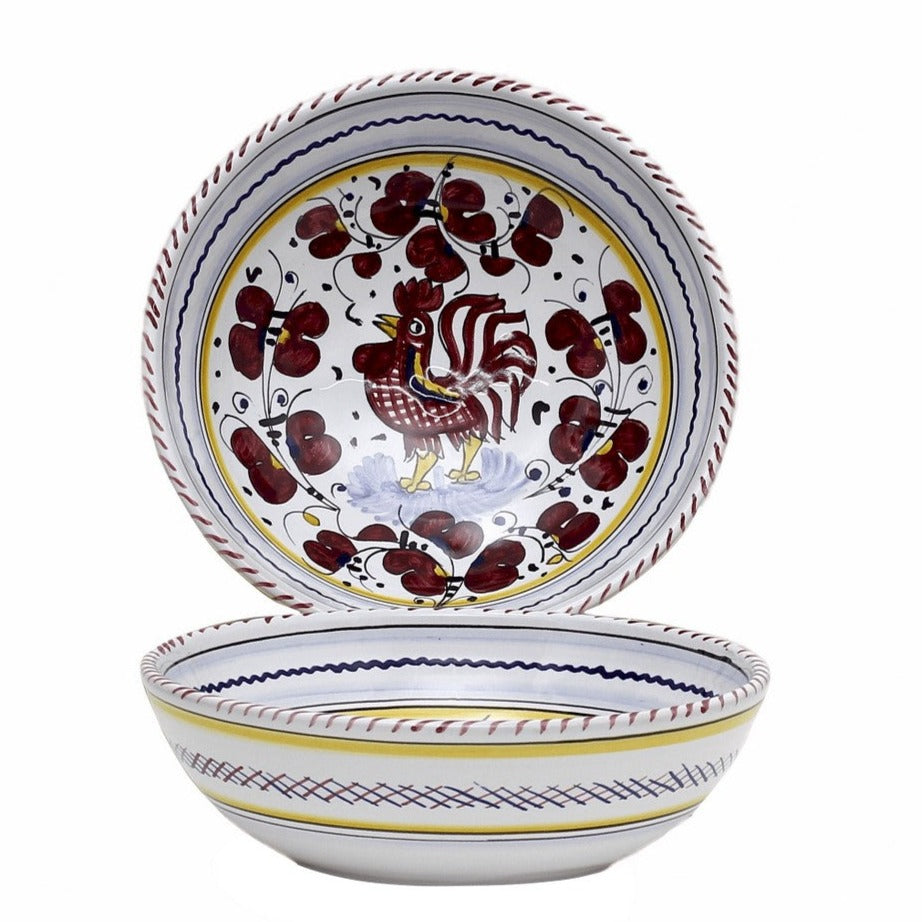 ORVIETO RED ROOSTER: Coupe Pasta/Soup Bowl [STRIPED RIM] - Artistica.com
