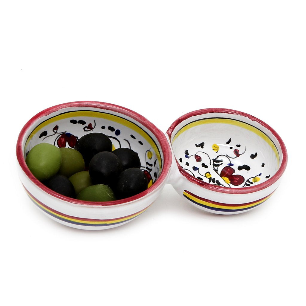 ORVIETO RED ROOSTER: Olive Dish Bowl - Relish and Condiments divided bowl [R] - Artistica.com