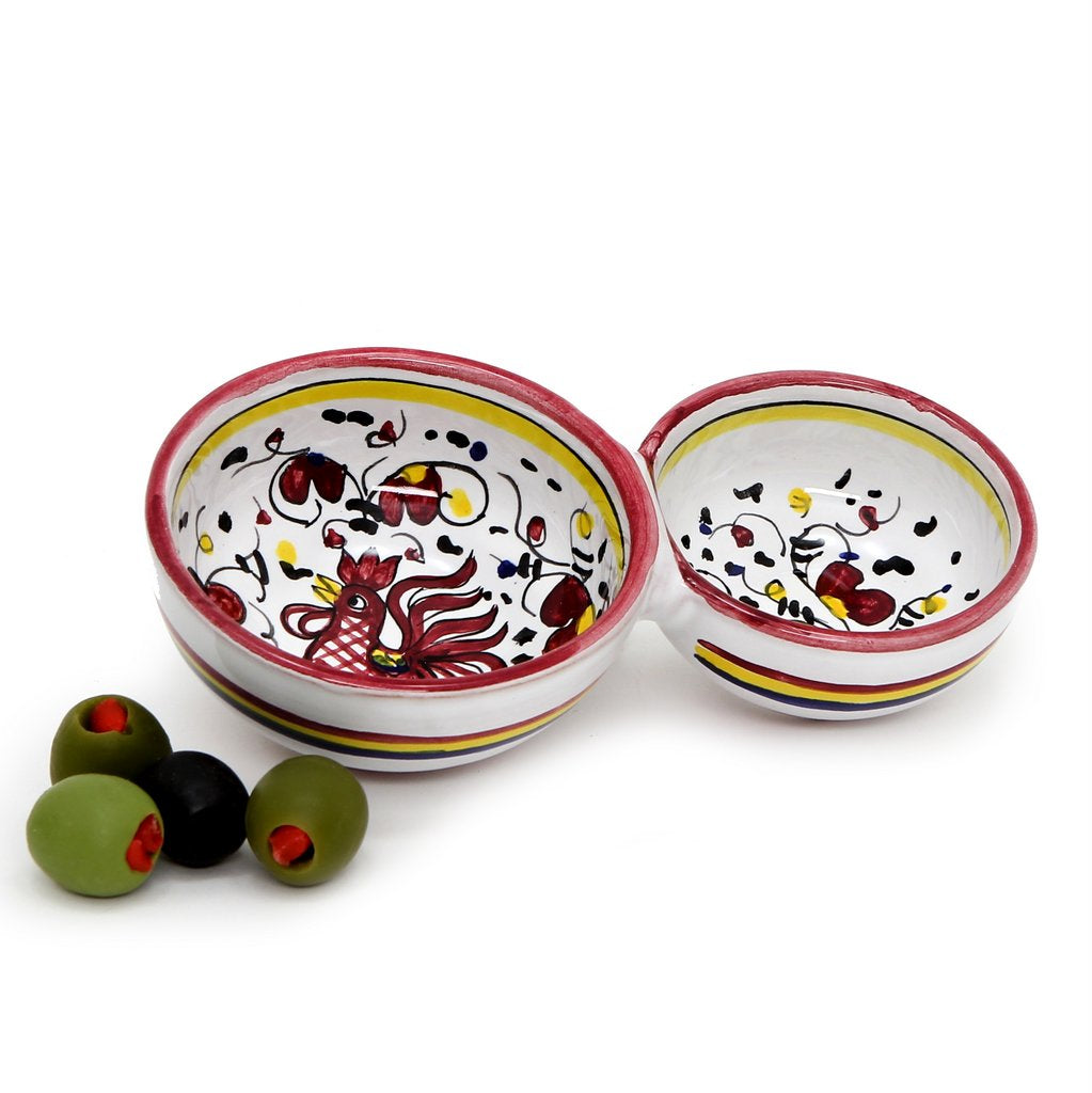 ORVIETO RED ROOSTER: Olive Dish Bowl - Relish and Condiments divided bowl [R] - Artistica.com
