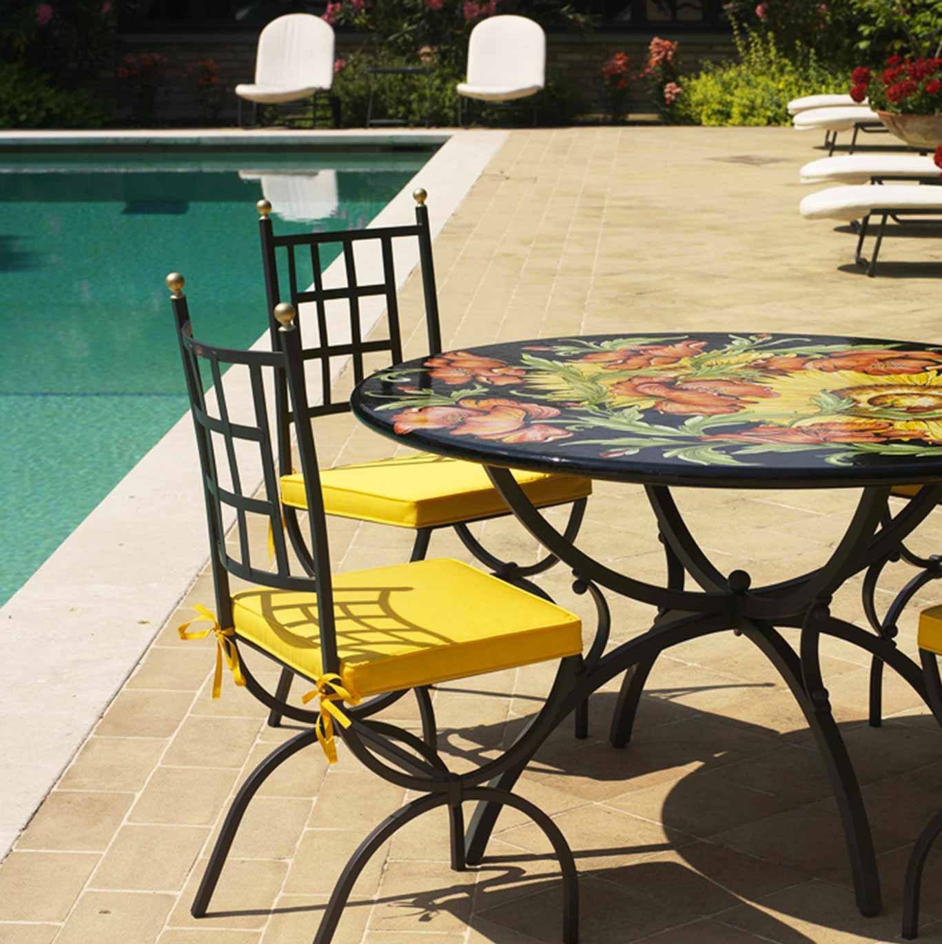 CERAMIC STONE TABLE + IRON BASE: ROVIGNO Design^ - Hand Painted in Deruta, Italy. - Artistica.com