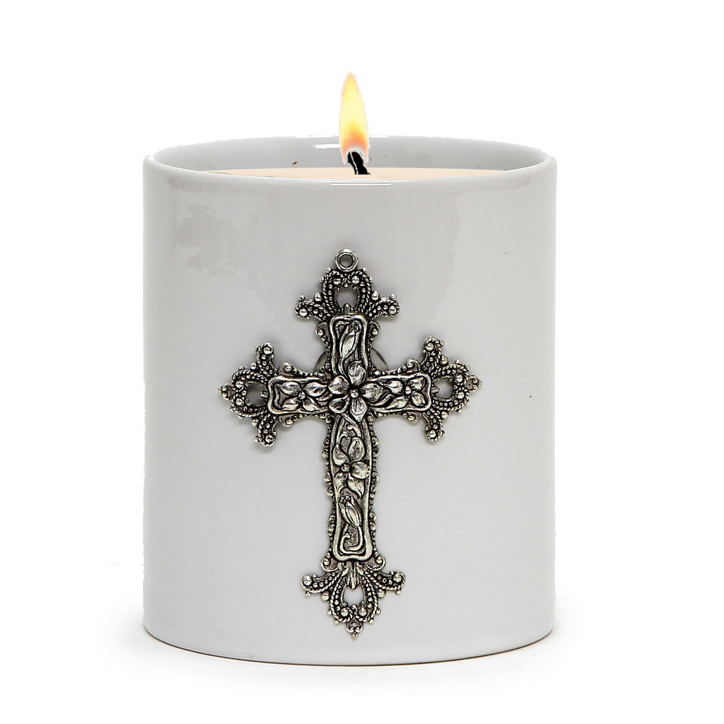 MONDIAL CANDLES: BIANCA Collection - Porcelain Container Candle with Antique Silver Crucifix - Artistica.com