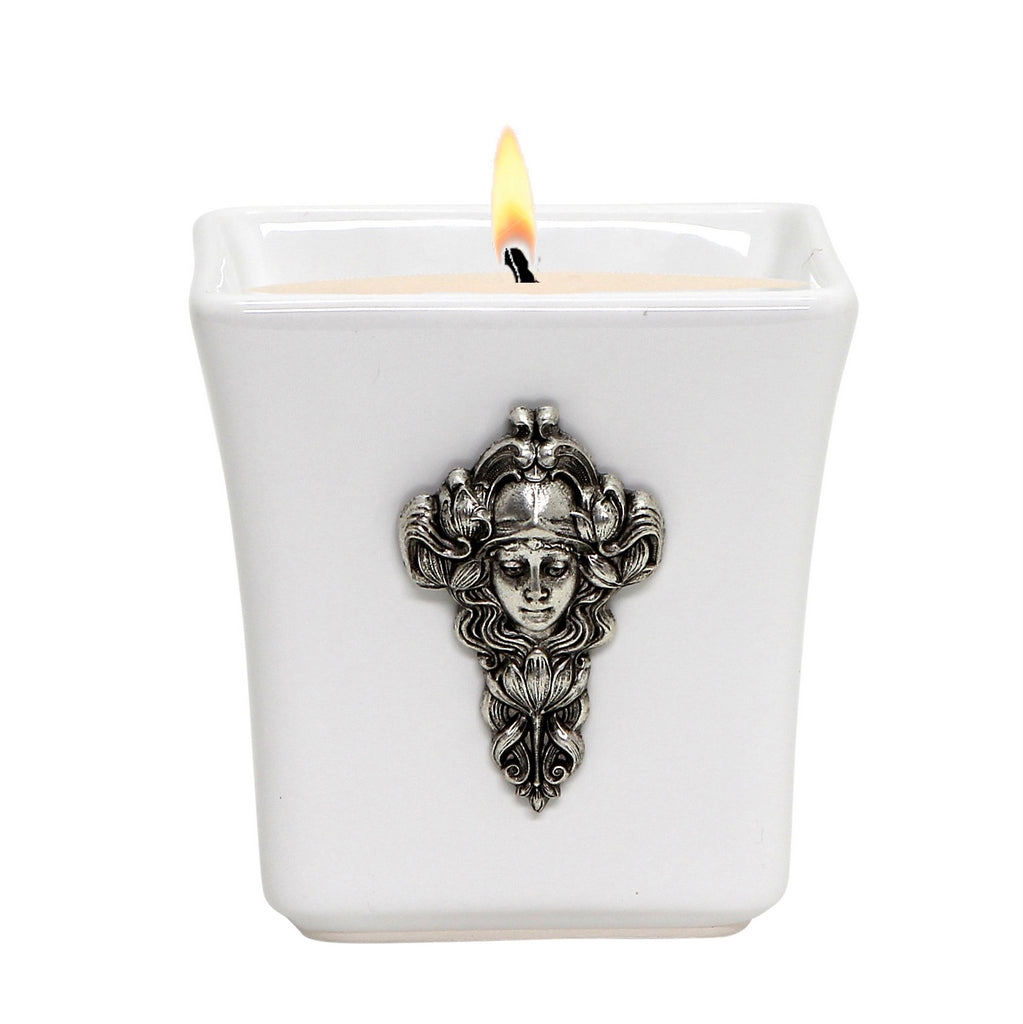 MONDIAL CANDLES: BIANCA Collection - Ceramic Square Container Candle with Fairy Flower Girl Woman Ornament - Artistica.com