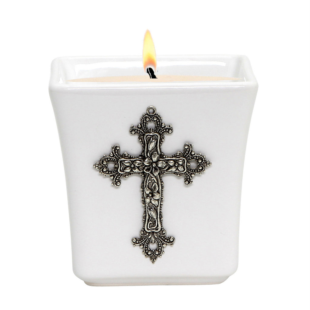 MONDIAL CANDLES: BIANCA Collection - Ceramic Square Container Candle with ANTIQUE SILVER Floral Cross Ornament - Artistica.com