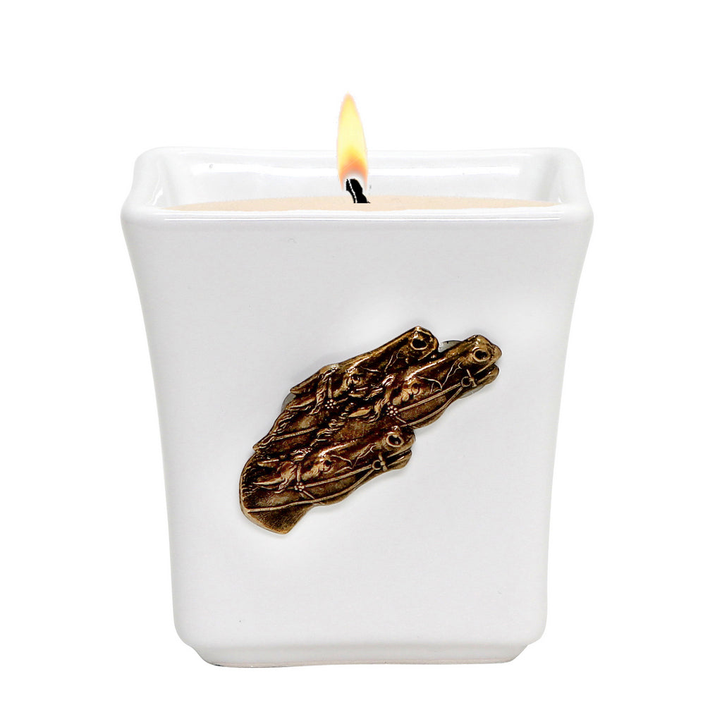 MONDIAL CANDLES: BIANCA Collection - Ceramic Square Container Candle with Ant. Brass Racing Horses Ornament - Artistica.com