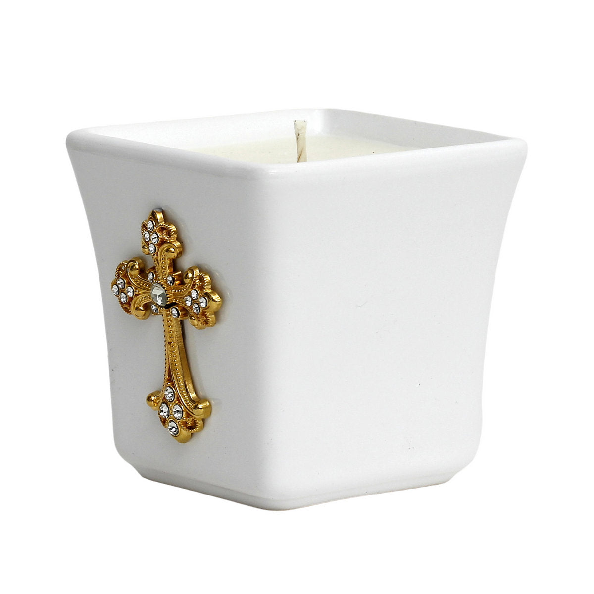 MONDIAL CANDLES: BIANCA Collection - Ceramic Square Container Candle with Gold Crucifix with Rhinestones - Artistica.com