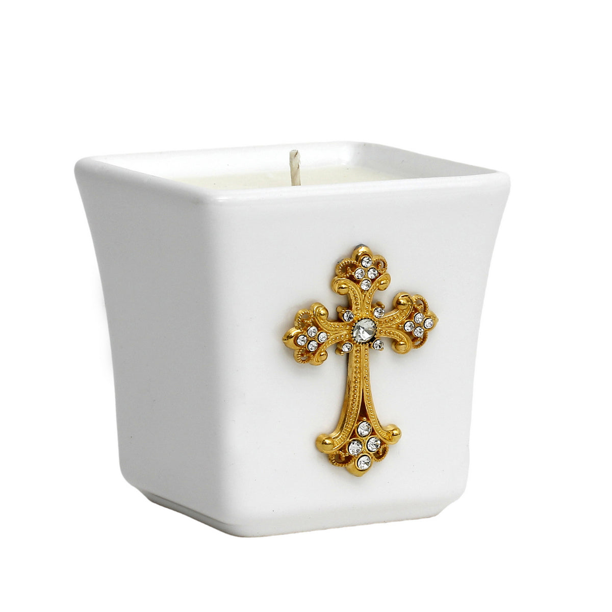 MONDIAL CANDLES: BIANCA Collection - Ceramic Square Container Candle with Gold Crucifix with Rhinestones - Artistica.com