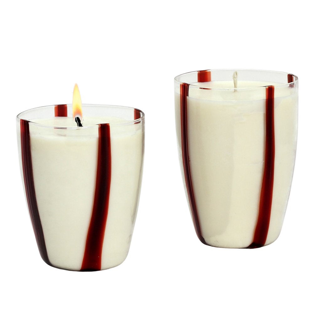 HOLIDAYS CRYSTAL CANDLES: Striped Red Glass Candles Set - Mouth Blown in Italy - Artistica.com