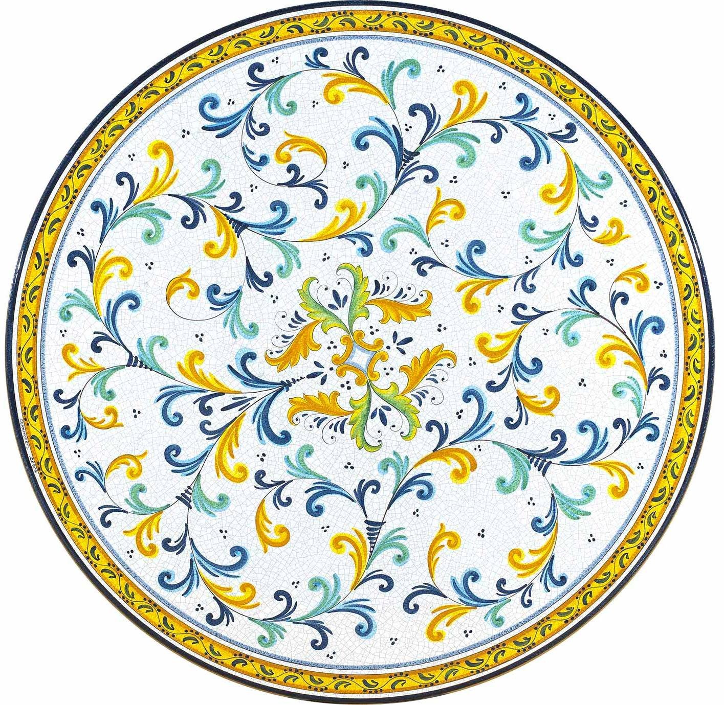 CERAMIC STONE TABLE + IRON BASE: SAN GIMIGNANO Design - Hand Painted in Deruta, Italy. - Artistica.com