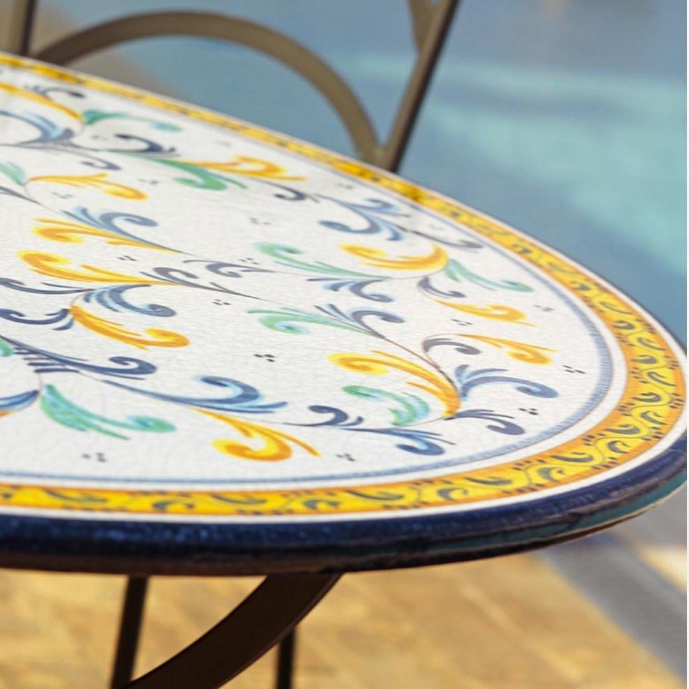 CERAMIC STONE TABLE + IRON BASE: SAN GIMIGNANO Design - Hand Painted in Deruta, Italy. - Artistica.com