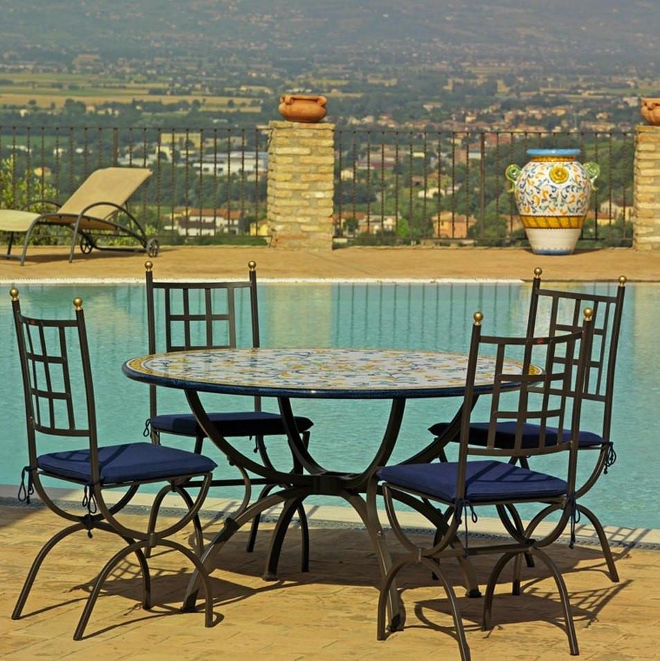 CERAMIC STONE TABLE + IRON BASE: SAN GIMIGNANO Design - Hand Painted in Deruta, Italy. - Artistica.com