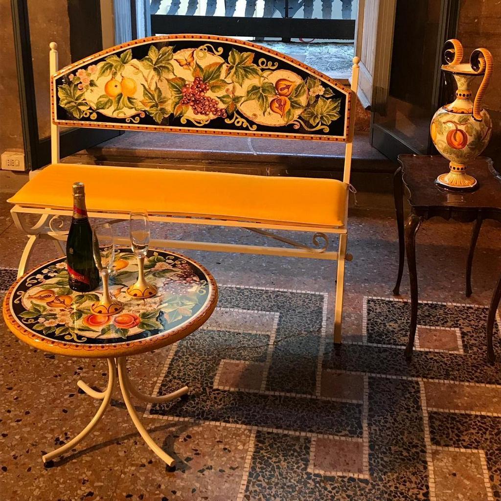 END SIDE TABLE ROUND: Ceramic-Stone top on iron base (28" Diam. x 20" High.) in Deruta, Italy. - Artistica.com